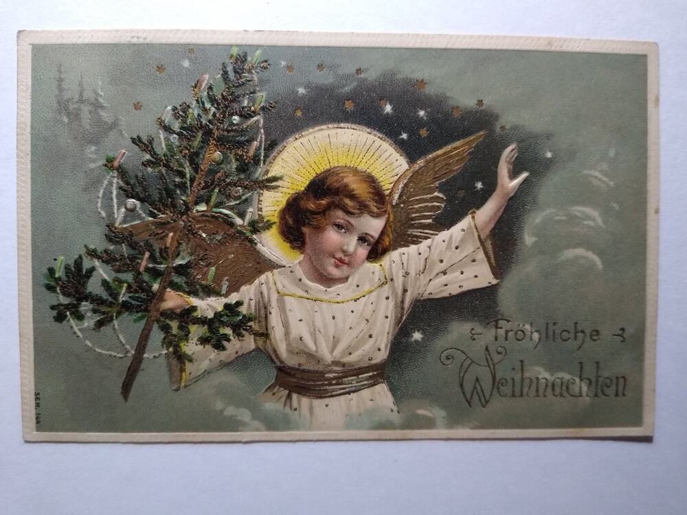 Vintage German Christmas Angel Postcard - Fröhliche Weihnachten 1909 Moon Stars